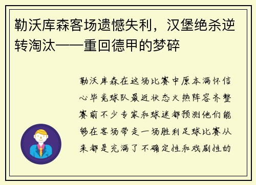 勒沃库森客场遗憾失利，汉堡绝杀逆转淘汰——重回德甲的梦碎