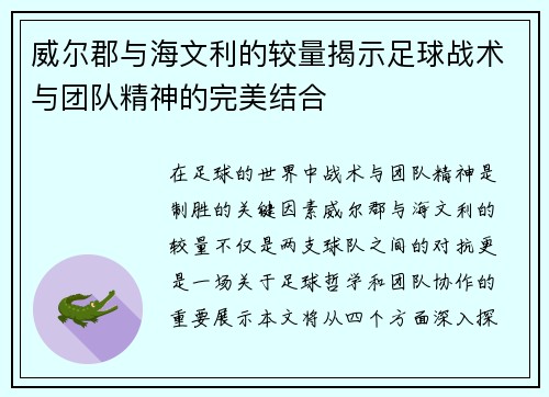 威尔郡与海文利的较量揭示足球战术与团队精神的完美结合